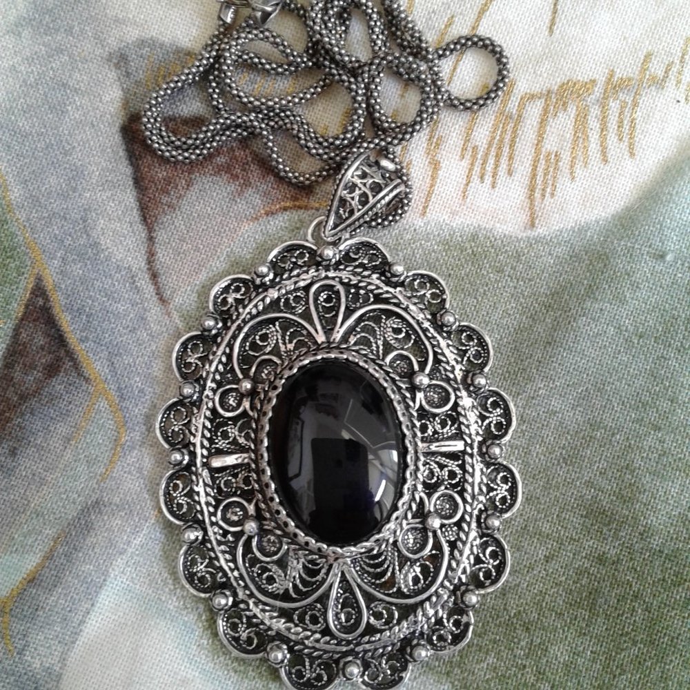 Vintage Black Onyx Filigree Necklace stamped 925